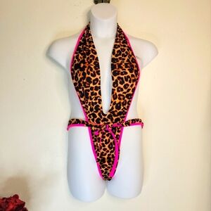 Leopard Print Halter Bodysuit with Pink Trim.  Size large